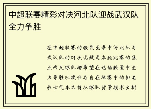 中超联赛精彩对决河北队迎战武汉队全力争胜